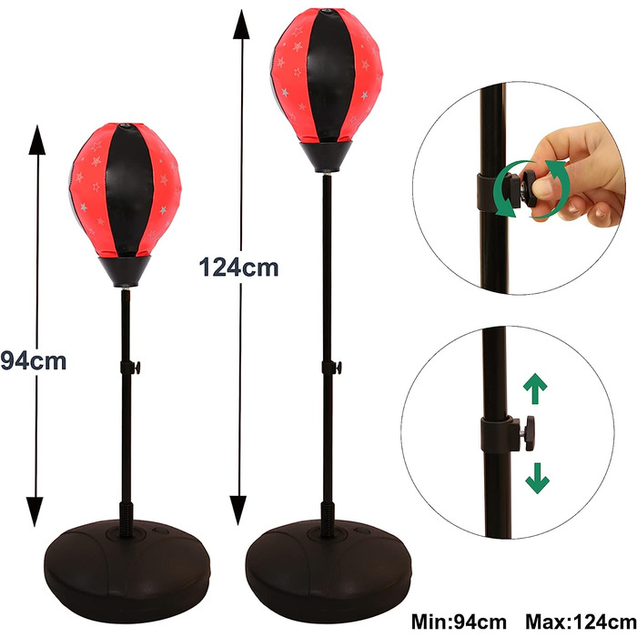 Боксерська груша Melko для боксу, тренувальна боксерська груша з регульованими боксерськими рукавичками, червоний, сріблясто-чорний, Діаметр м'яча 24 см