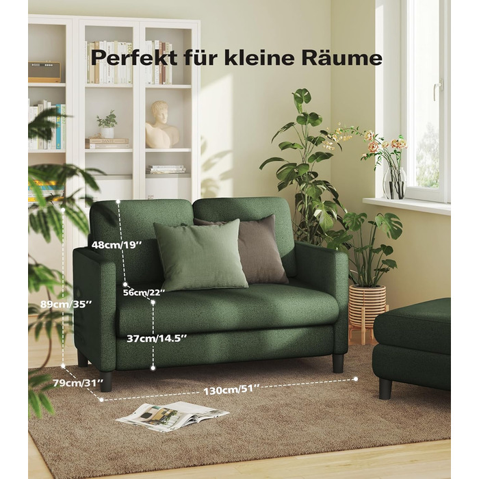 Диван 2-місний, компактний, 130 см, зелений. Зручний диван для підліткової кімнати, легко збирається без інструментів. Дивани з масиву дерева, компактні дивани для вітальні.