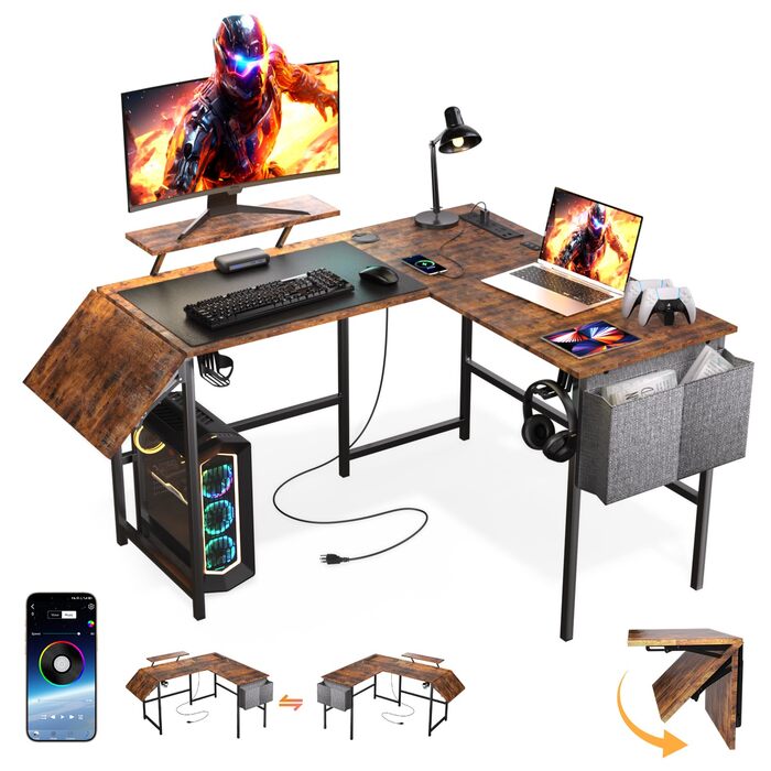 Ігровий стіл з LED-підсвіткою L-подібної форми з розширенням, 120-150 см, з розеткою, органайзером, підставкою для монітора, коричневий вінтаж