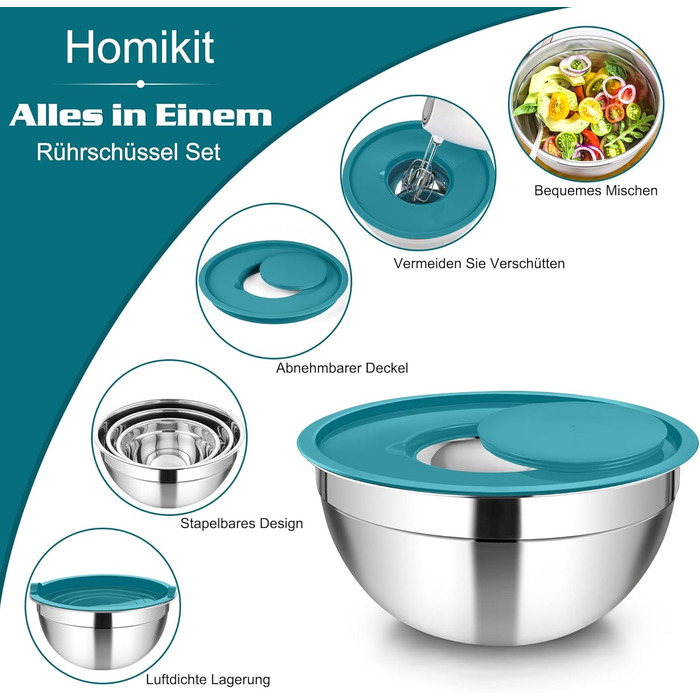 Набір мисок Homikit, 5 шт. з нержавіючої сталі, з кришкою та силіконовим дном, мультифункціональний, для салатів, 6.6L / 3.5L / 2.5L / 1.5L / 1L (блакитний, з 3 тертками)