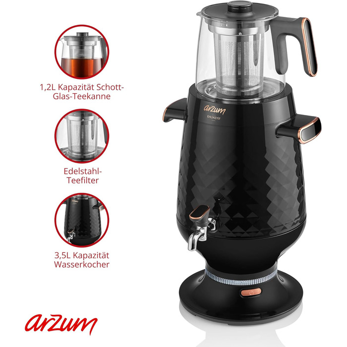 Арзум Ehlikeyf: Електричний турецький чайник, 2200W, 3.5L (водовар) / 1.2L (чайник), нержавіюча сталь, регулювання температури, захист від сухого кипіння, чорний