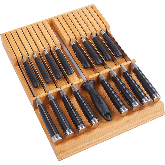 Утопічний бамбуковий ножовий блок для кухонних ножів, тримач для стейкових ножів, підходить для 16 ножів і 1 точильної сталі (органайзер на 16 міс