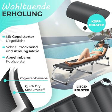 Шезлонг KESSER® Sun з дахом для саду: регульована спинка, зручна лежача поверхня, алюмінієвий каркас, портативний, антрацит (з преміум-подушкою)