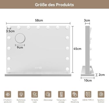 Дзеркало для макіяжу YU YUSING з підсвічуванням 58x45 см, 15 LED, 3 кольори, 10x збільшення, USB Type-C, для ванної кімнати та туалетного столика