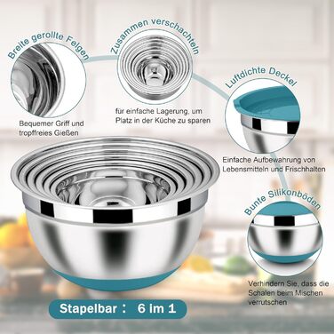Набір місок Homikit з нержавіючої сталі, 6 шт. з тертками, кришками та силіконовим дном, 4.6L/2.8L/2.5L/1.6L/1.2L/0.7L, блакитний