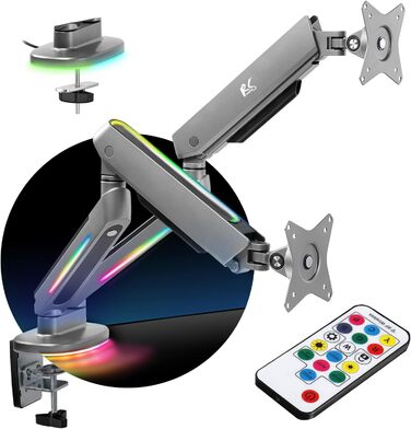Кріплення для двох моніторів NanoRS RS166 з RGB-підсвічуванням, регульоване по висоті, настільне, для моніторів 17-32
