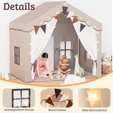 Дитяче намет-будиночок EROMMY 2-в-1 з килимком, прапорцями та світлодіодними смугами, двостулковими дверима, даховим вікном, для дому, вік 3+, коричневий