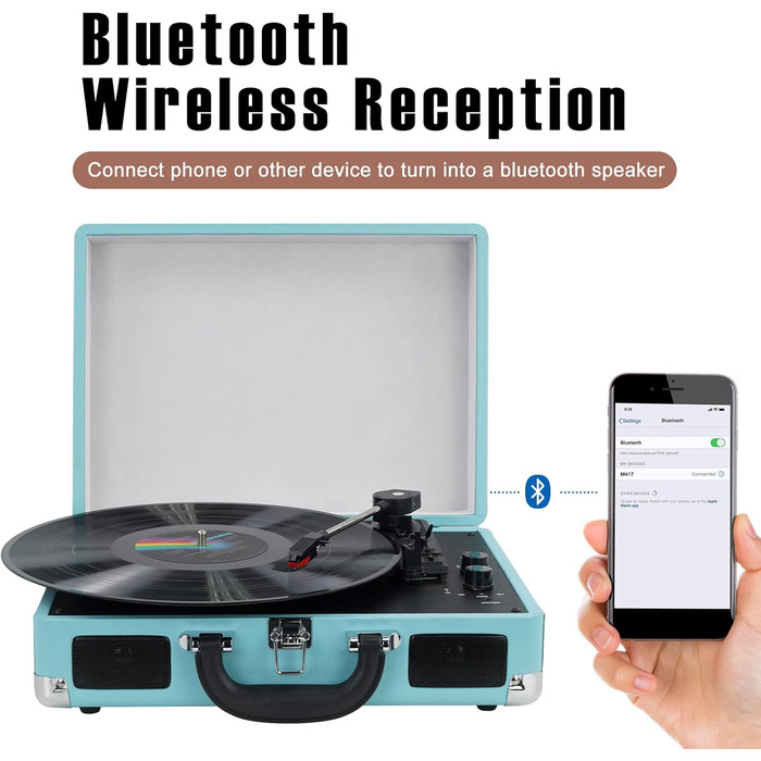 Вініловий програвач Bluetooth, ретро-плеєр 3 швидкості 33/45/78 об/хв, стерео динаміки, RCA та AUX, небесно-блакитний