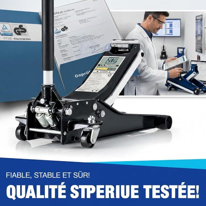 Гідравлічний домкрат NTG 3T з низьким профілем, сертифікований TÜV, для легкових авто та SUV (чорний)