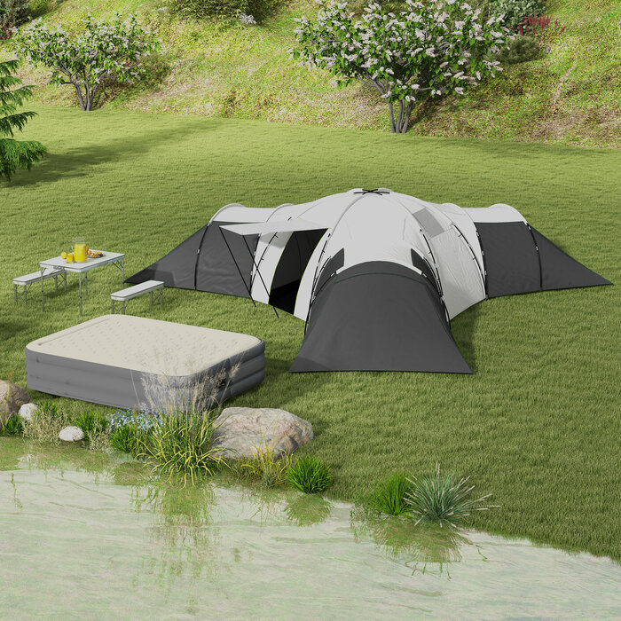 Кемпінговий намет Outsunny Tunnel Tent на 6-9 осіб з 3 спальнями, вітальнею та верандою, водяний стовп 2000 мм, сірий