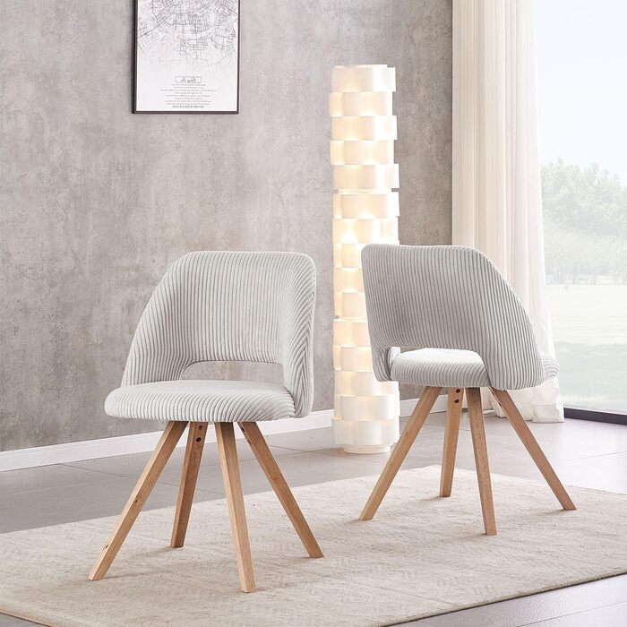 Набір з 2 стільців для їдальні B&D home® Vicky – оббивка з тканини Cord, сірий колір, ергономічна спинка, дерев'яні ніжки, дизайн модерн-кантрі для кухні, їдальні та вітальні