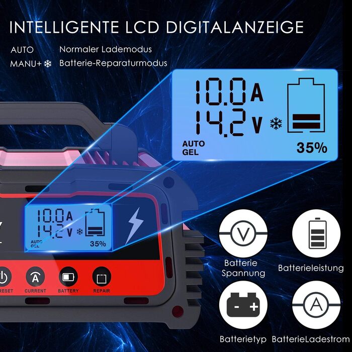 Зарядний пристрій для акумулятора 12V/24V LEICESTERCN - Автомобільний, мотоциклетний, з LCD, 5/10/25A, 6-ступінчастий, з багаторазовим захистом
