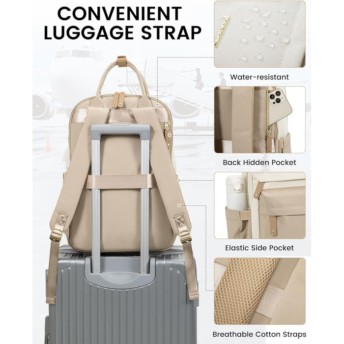 LOVEVOOK Рюкзак для жінок, 15.6 дюймів, рюкзак для ноутбука, рюкзак для подорожей, водонепроникний, сумка для роботи, рюкзак, жіноча шкільна сумка, для підлітків, дівчаток, елегантний, для школи, університету, подорожей, роботи, офісу, Бежевий, 15.6 дюймі