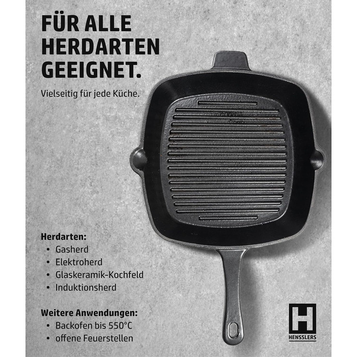 Сковорода-гриль HENSSELERS® з чавуну [26 см] для всіх типів плит та духовок, включаючи газові та індукційні плити. Антипригарна сковорода для стейків. Чотирикутна чавунна сковорода для гриля