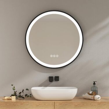 Круглий дзеркало для ванної кімнати EMKE з підсвічуванням 50 см, 3 кольори світла, протизапотівання, пам'ять, сенсорне управління, таймер 3 години, енергозбереження, 70x70 см