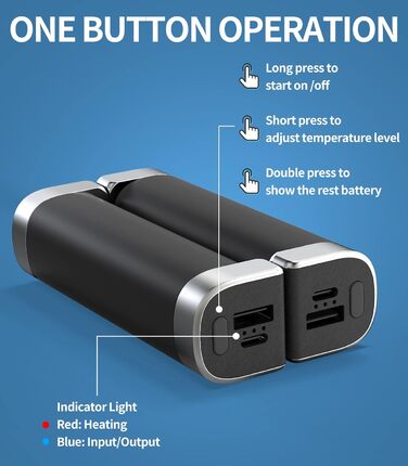 Електричні грілки для рук 5000mAh (2 шт.) - багаторазові, для активного відпочинку, зимовий подарунок для дітей, жінок та чоловіків (чорний)
