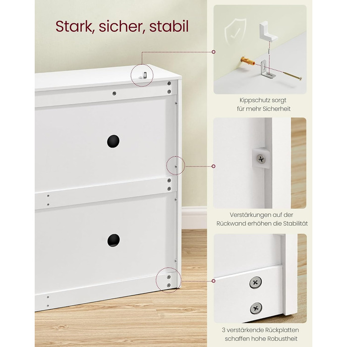 Шафа для взуття VASAGLE з 4-ма дверцятами, 16-28 пар, білий колір, регульована перегородка, 24 x 105,5 x 82,7 см