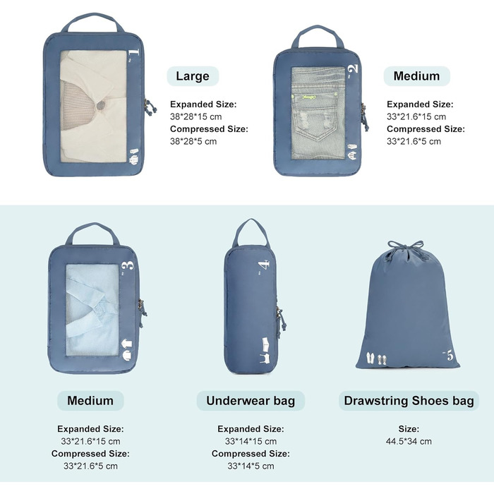 Набір компресійних органайзерів для валізи та рюкзака ECOHUB, 5 предметів, синій