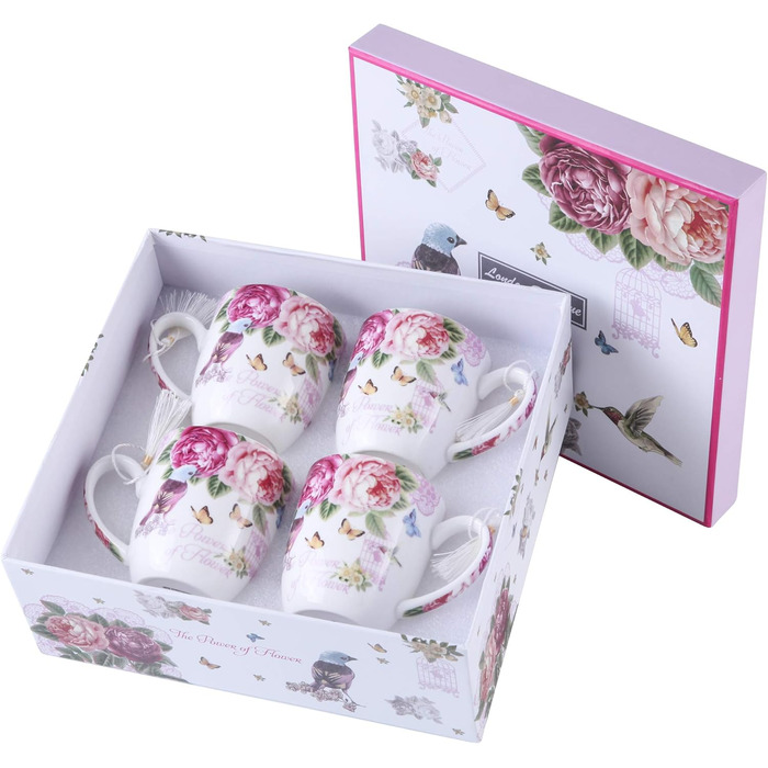 Комплект чашок для кави London Boutique K414: 4 шт., 330 мл, рожевий, стиль Vintage/Retro, флора, подарунок
