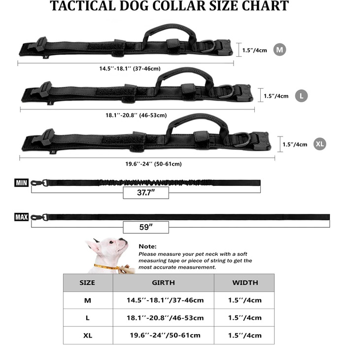 Тактичний нашийник для собак з ручкою управління і повідцем для собак, військовий нашийник нейлоновий нашийник з м'якою підкладкою Регульований нашийник для собак середнього розміру (L, P7-чорний)
