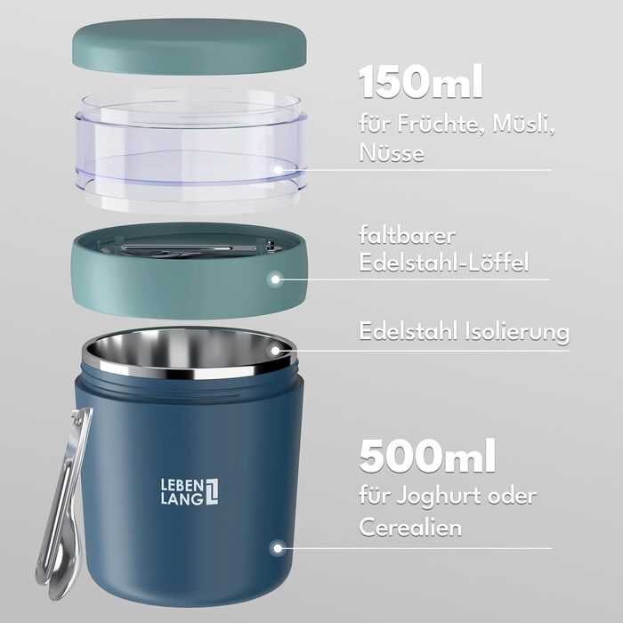 Кружка для мюслі LEBENLANG To Go з ложкою - ізолююча, з нержавіючої сталі, 650 мл. Ідеально для мюслі, йогурту, каші на винос для дітей та дорослих (Блакитна)