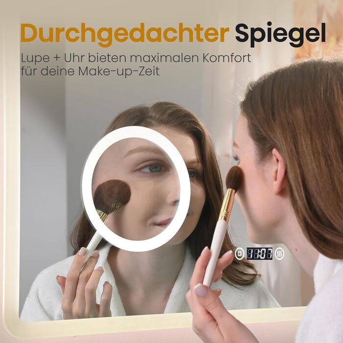 EMKE® LED дзеркало для ванної кімнати 80x60 см з підсвічуванням, сенсорне, регулювання яскравості, протитуманне, 3 кольори світла, годинник, IP44