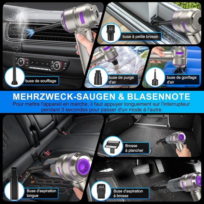 Бездротовий ручний автомобільний пилосос 4 в 1, потужність 18000Па, безщітковий мотор 200 000 об/хв, 3 рівні всмоктування для авто, дому та шерсті тварин, сріблястий