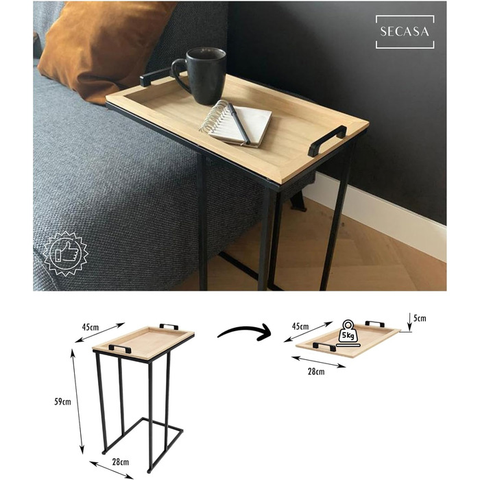 Журнальний столик SECASA зі знімним лотком Журнальний столик металевий - дерево Приставний столик С-подібна форма для дивана Столик для підносів чорний вінтаж Журнальний столик Модерн Диванний стіл для вітальні (натуральний)