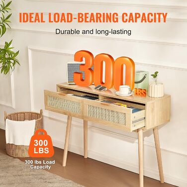 Консольний столик VEVOR з ротангу з 2 шухлядами, бежевий | для вітальні, робочого кабінету, передпокою