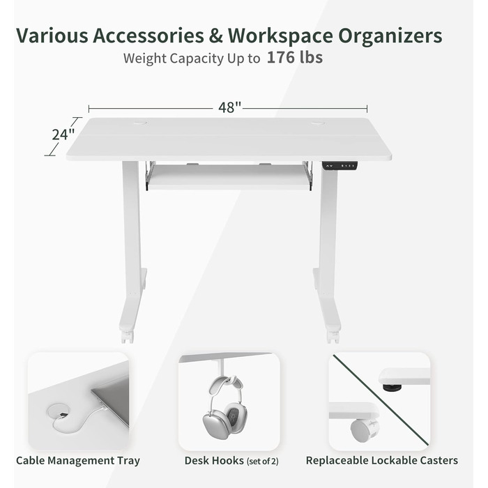 Письмовий стіл FEZIBO 120x60 см, електричний, регульований по висоті, лоток для клавіатури, сталеві Т-подібні ніжки, 3-функціональне управління пам'яттю, система захисту від зіткнень, коліщатка, білий, основа шухляди 120-біла (макс. 50 символів)