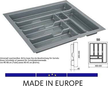 Лоток для столових приборів BigDean 50 см - Можна вирізати за розміром - 430х490 мм - Пластик, сріблясто-сірий, Зроблено в Європі