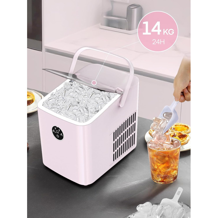 Льодогенератор Fohere 14 кг/24 год, рожевий: швидке виробництво льоду (5 хв), 2 розміри кулеподібного льоду, самоочищення, з ручкою та лопаткою для льоду
