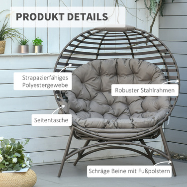 Крісло Outsunny Papasan Садове крісло 2 кошики Подушка Овальне крісло для відпочинку Складний балкон Тераса Пісок Коричневий Сталь 118x75x139см | Аосом