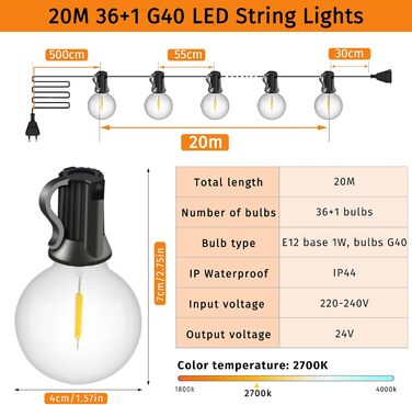 Світлодіодні ліхтарі зовнішні, 181 лампи G40, IP44, теплий білий, 20м, для саду/балкона/кемпінгу/весілля