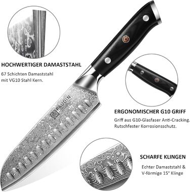 Набір кухонних дамаскових ножів PAUDIN, 3 предмети, ультрагострий Santoku з 67-шарової дамаської сталі з японським VG10 ядром, ергономічна ручка G10