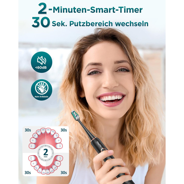 Електрична зубна щітка для дорослих і дітей - звукова, 8 насадок (3 типи), 90 днів роботи, 5 режимів, 50000VPM, кейс для подорожей, таймер, чорна