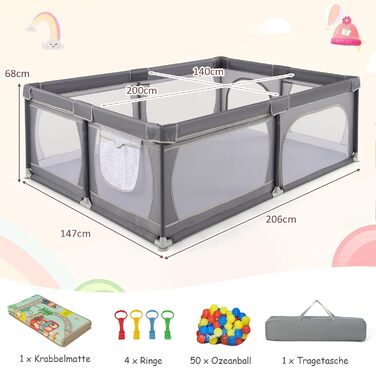 Манеж DREAMADE 200x140 см для дітей з 50 кульками, матрацем і сумкою, темно-сірий, для дому та вулиці
