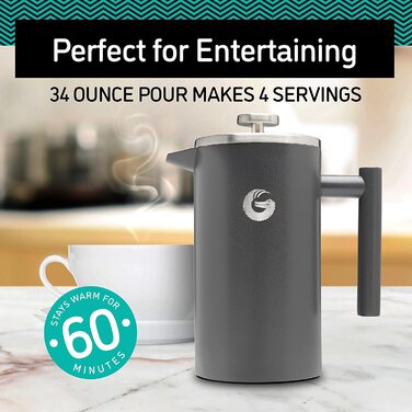 Кавоварка для приготування кави Gator French Press-термос з нержавіючої сталі для більш тривалого приготування гарячої кави - 1 літр-нержавіюча сталь -