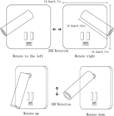 Приліжкова лампа TWSXTE Поворотний настінний світильник з USB-зарядкою для спальні прожектор для спальні для читання 3000K (3 Вт 10 Вт) Usb квадратний чорний