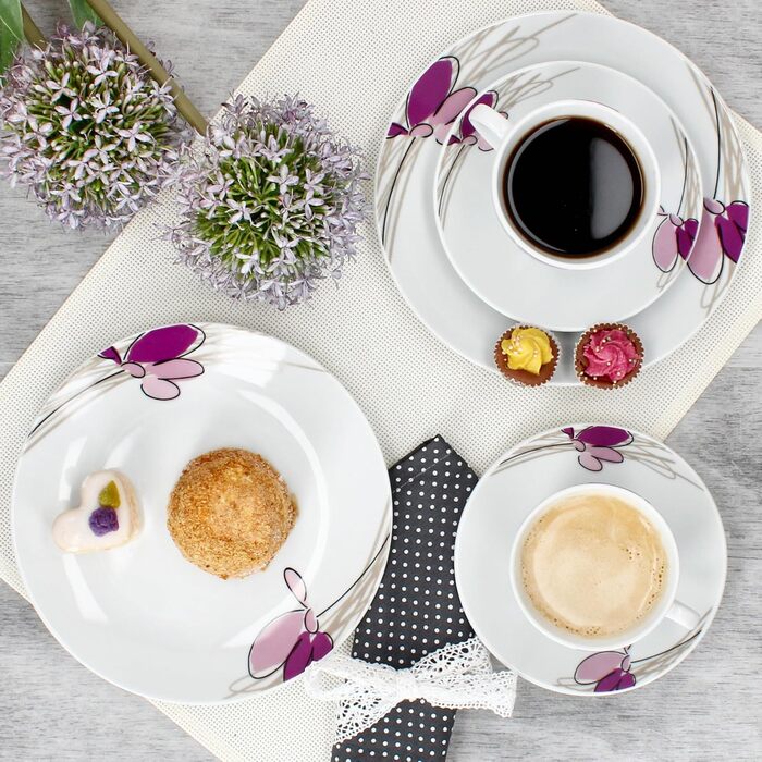 MamboCat Комплект посуду для кави та сніданку на 6 осіб, 18 предметів, біле порцелянове посуд з квітковим декором, 6 чашок 170мл, 6 підстаканників та тарілок