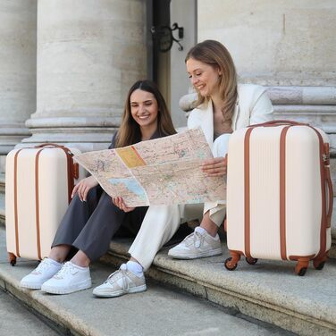 Набір валіз FERGÉ з твердим корпусом (5 шт.) Milano: 3 розміри + сумка для подорожей + органайзер для туалетних речей - 3 шт. Чотирьохколісні валізи, легкі, чорні (великий кофр 65 см, бежево-коричневий)