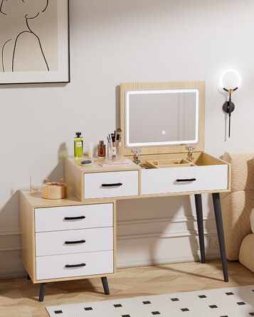 Трюмо ZenkiHome з дзеркалом та підсвіткою, ширина регулюється від 80 до 120 см, колір дуб