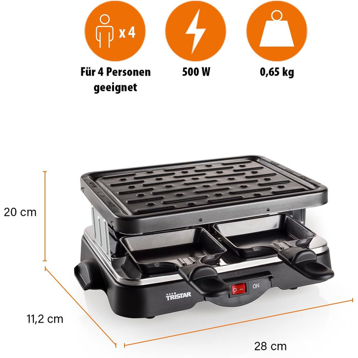 Гриль-раклет Tristar до 4 осіб, 4 сковороди, 500 Вт, RA-2949