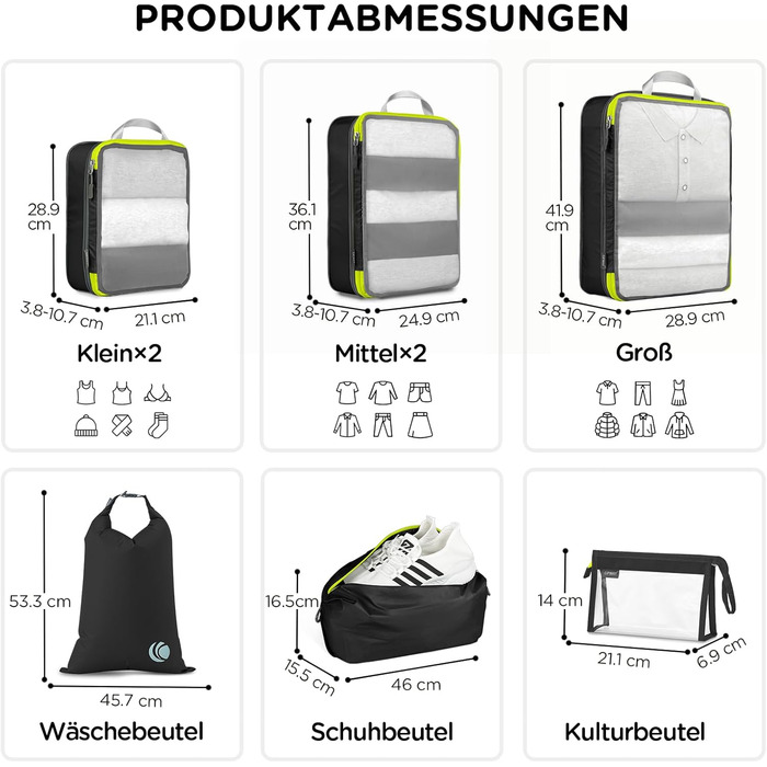 Набір органайзерів для одягу в дорогу Cipway (8 шт), компресійні пакувальні куби з сітки для валізи та рюкзака, чорні