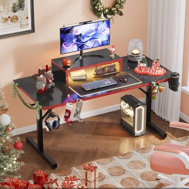 Ігровий стіл Devoko 160x60 см з LED підсвічуванням, підставка для монітора, карбонове покриття, ергономічний дизайн, чорний