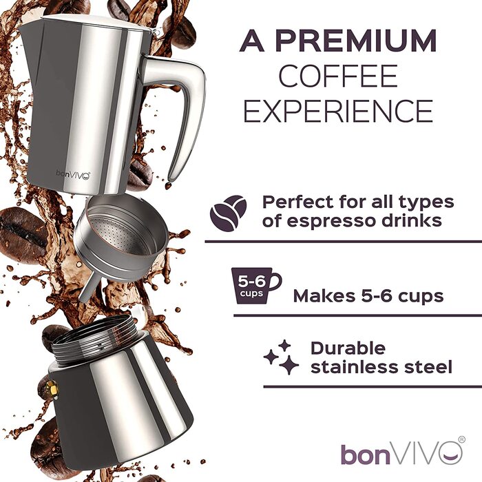Індукційна Еспресо-плита bonVIVO Intenca-кавоварка з нержавіючої сталі з срібним покриттям-Чайник для води, ситечко-Мокко