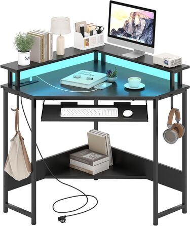 COSTWAY кутовий стіл з зарядкою, трикутник, LED-підсвітка, підставка для клавіатури та монітора, геймінговий, для дому/офісу (білий/чорний)