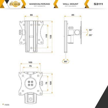Кріплення для монітора на стіну RICOO S3111: регульований кронштейн для моніторів 13-34 дюймів, VESA 75x75/100x100 мм