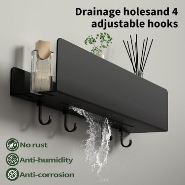 Поличка для душу REKITA без свердління, органайзер для ванної кімнати 40 см, поличка з нержавіючої сталі з 4 знімними гачками, тримач для шампуню для душу, навісна поличка, чорний колір