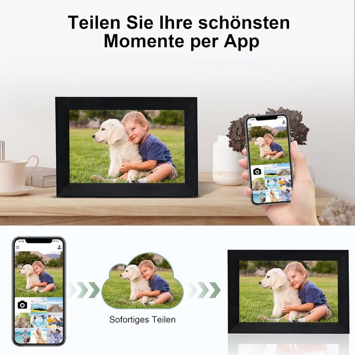 Цифровий фоторамка Veidoo 10.1 дюйма, IPS-сенсорний екран 1280x800, 32GB, для сімейних фото, з Wi-Fi, Frameo App (Чорний)